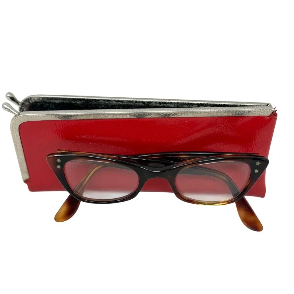 Vintage Womens Cats Eye Glasses +Case Brown Tortoiseshell Plastic Frames Bifocal